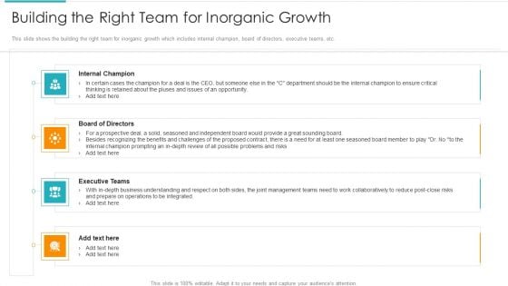 Inorganic Expansion Plan And Progression Building The Right Team For Inorganic Growth Icons PDF