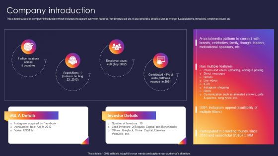 Instagram Company Details Company Introduction Slides PDF