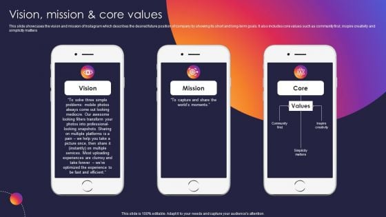 Instagram Company Details Vision Mission And Core Values Demonstration PDF