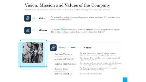 Insurance Organization Pitch Deck To Raise Money Vision Mission And Values Of The Company Introduction PDF