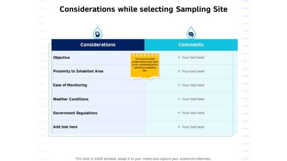 Integrated Water Resource Management Considerations While Selecting Sampling Site Ppt Inspiration Deck PDF