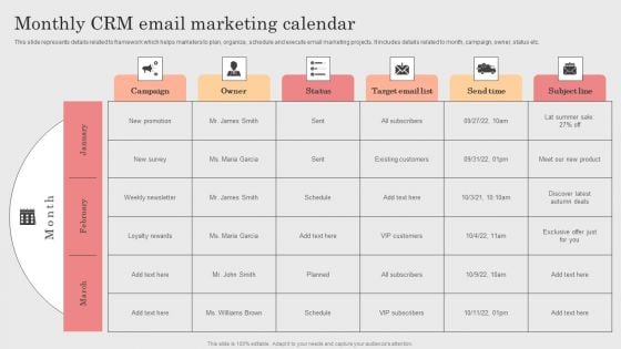 Integrating CRM Solution To Acquire Potential Customers Monthly CRM Email Marketing Calendar Icons PDF