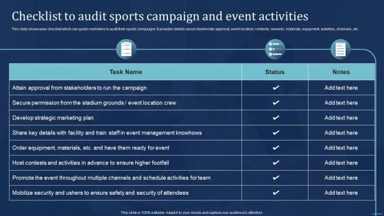 Integrating Sports Marketing Campaign Checklist To Audit Sports Campaign And Event Slides PDF