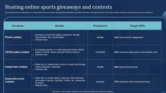 Integrating Sports Marketing Campaign Hosting Online Sports Giveaways And Contests Slides PDF