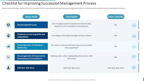 Internal Employee Succession Checklist For Improving Succession Management Process Brochure PDF