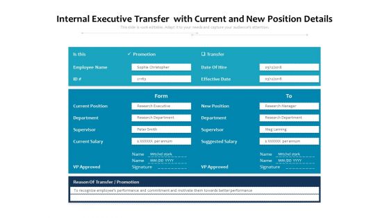 Internal Executive Transfer With Current And New Position Details Ppt PowerPoint Presentation File Graphic Tips PDF