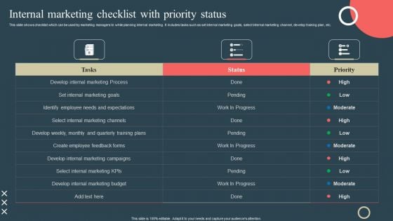 Internal Promotion Strategy To Enhance Brand Awareness Internal Marketing Checklist With Priority Status Designs PDF