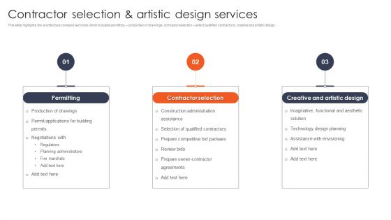 International Design And Architecture Firm Contractor Selection And Artistic Design Services Infographics PDF