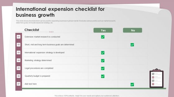 International Expension Checklist For Business Growth Ppt Styles Visuals PDF