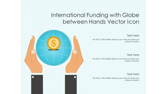 International Funding With Globe Between Hands Vector Icon Ppt PowerPoint Presentation Gallery Background Images PDF