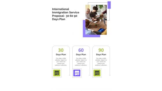 International Immigration Service Proposal 30 60 90 Days Plan One Pager Sample Example Document