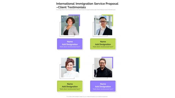 International Immigration Service Proposal Client Testimonials One Pager Sample Example Document International Immigration Service Proposal Client Testimonials One Pager Sample Example Document