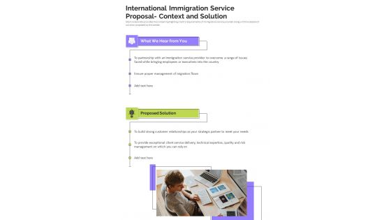 International Immigration Service Proposal Context And Solution One Pager Sample Example Document International Immigration Service Proposal Context And Solution One Pager Sample Example Document