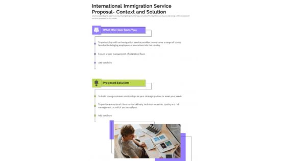 International Immigration Service Proposal Context And Solution One Pager Sample Example Document