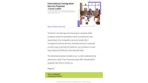 International Immigration Service Proposal Cover Letter One Pager Sample Example Document International Immigration Service Proposal Cover Letter One Pager Sample Example Document