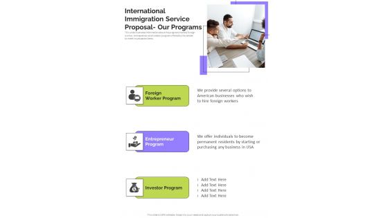 International Immigration Service Proposal Our Programs One Pager Sample Example Document International Immigration Service Proposal Our Programs One Pager Sample Example Document