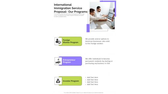 International Immigration Service Proposal Our Programs One Pager Sample Example Document