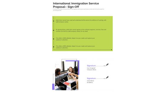 International Immigration Service Proposal Sign Off One Pager Sample Example Document International Immigration Service Proposal Sign Off One Pager Sample Example Document