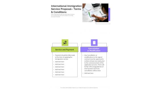 International Immigration Service Proposal Terms And Conditions One Pager Sample Example Document