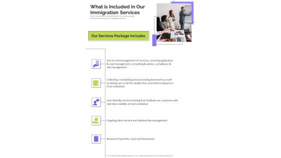 International Immigration Service Proposal What Is Included In Our Immigration Services One Pager Sample Example Document International Immigration Service Proposal What Is Included In Our Immigration Services One Pager Sample Example Document