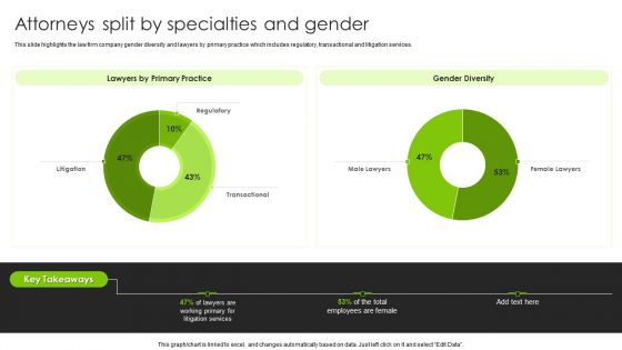 International Legal And Business Services Company Profile Attorneys Split By Specialties And Gender Template PDF