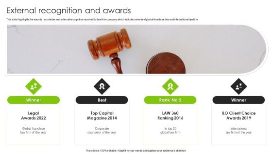 International Legal And Business Services Company Profile External Recognition And Awards Elements PDF