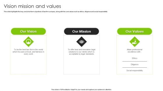 International Legal And Business Services Company Profile Vision Mission And Values Icons PDF