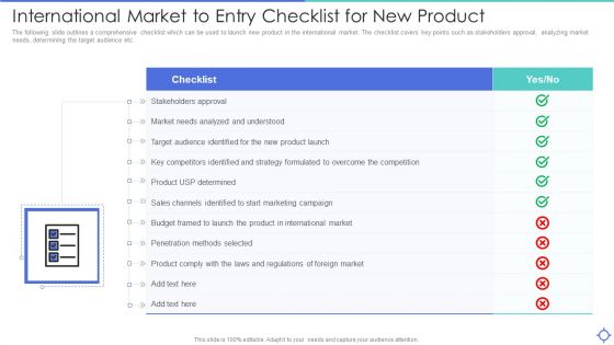 International Market To Entry Checklist For New Product Ppt PowerPoint Presentation Gallery Backgrounds PDF International Market To Entry Checklist For New Product Ppt PowerPoint Presentation Gallery Backgrounds PDF