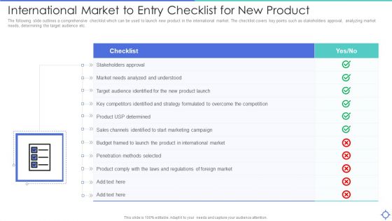 International Market To Entry Checklist For New Product Ppt PowerPoint Presentation Gallery Backgrounds PDF