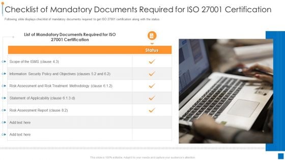 International Organization Standardization Checklist Of Mandatory Documents Required For Iso 27001 Certification Formats PDF