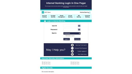 Internet Banking Login In One Pager PDF Document PPT Template