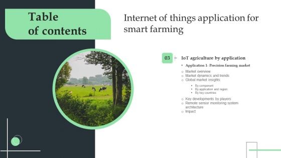 Internet Of Things Application For Smart Farming Table Of Contents Ppt Summary Display PDF