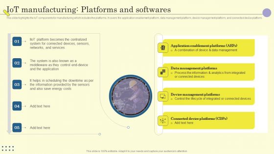 Internet Of Things In Manufacturing Sector Iot Manufacturing Platforms And Softwares Elements PDF Internet Of Things In Manufacturing Sector Iot Manufacturing Platforms And Softwares Elements PDF