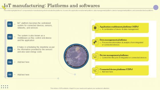 Internet Of Things In Manufacturing Sector Iot Manufacturing Platforms And Softwares Elements PDF