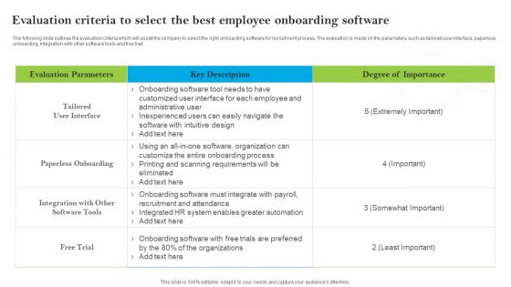 Introducing AI Tools Evaluation Criteria To Select The Best Employee Onboarding Infographics PDF