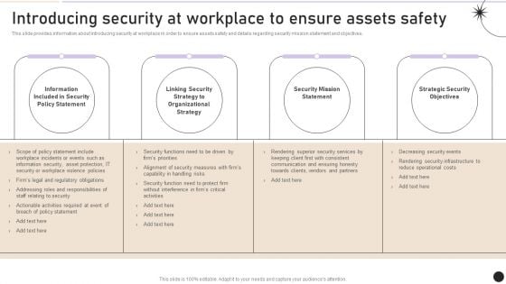 Introducing Security At Workplace To Ensure Assets Safety Graphics PDF