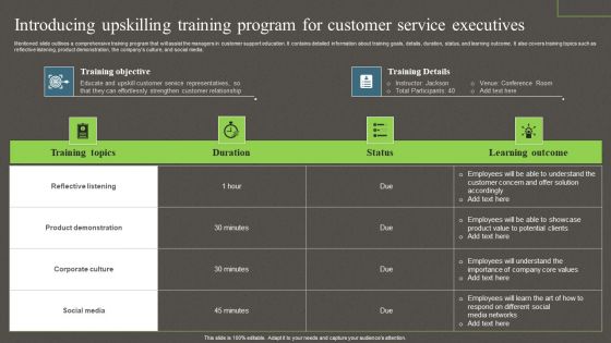 Introducing Upskilling Training Program For Customer Service Executives Ppt PowerPoint Presentation File Show PDF Introducing Upskilling Training Program For Customer Service Executives Ppt PowerPoint Presentation File Show PDF