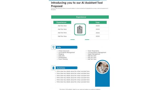 Introducing You To Our AI Assistant Tool Proposal One Pager Sample Example Document Introducing You To Our AI Assistant Tool Proposal One Pager Sample Example Document