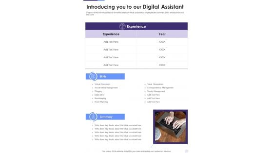 Introducing You To Our Digital Assistant One Pager Sample Example Document Introducing You To Our Digital Assistant One Pager Sample Example Document