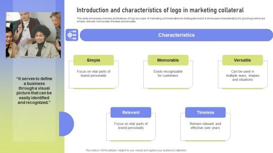 Introduction And Characteristics Of Logo In Marketing Collateral Ppt PowerPoint Presentation File Portfolio PDF