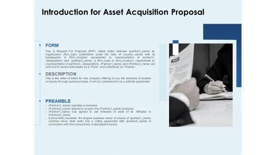 Introduction For Asset Acquisition Proposal Ppt PowerPoint Presentation Ideas Icons