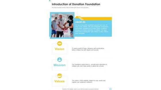 Introduction Of Donation Foundation One Pager Documents Introduction Of Donation Foundation One Pager Documents
