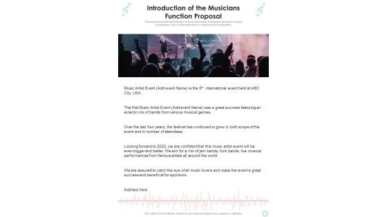 Introduction Of The Musicians Function Proposal One Pager Sample Example Document