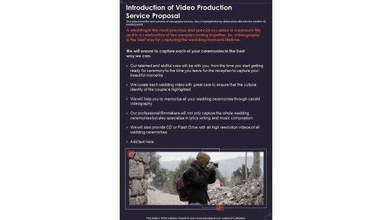 Introduction Of Video Production Service Proposal One Pager Sample Example Document