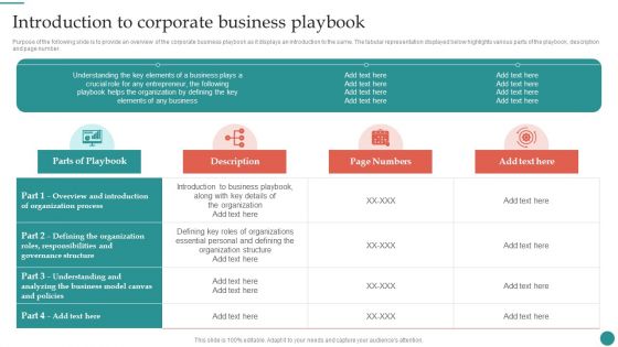 Introduction To Corporate Business Playbook Company Process Administration And Optimization Playbook Rules PDF