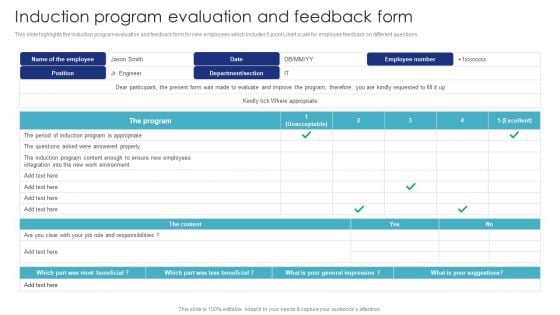 Introduction To Employee Onboarding And Induction Training Induction Program Evaluation And Feedback Form Structure PDF
