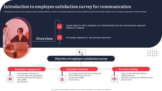 Introduction To Employee Satisfaction Survey For Communication Ppt PowerPoint Presentation File Ideas PDF