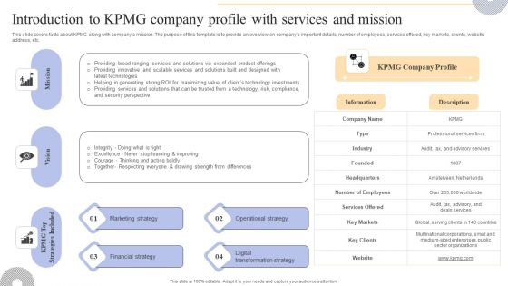 Introduction To KPMG Company Profile With Services And Mission Clipart PDF