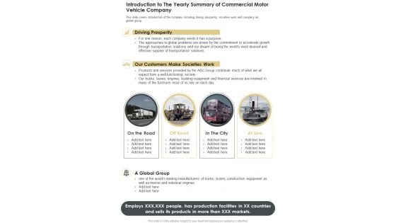 Introduction To The Yearly Summary Of Commercial Motor Vehicle Company One Pager Documents