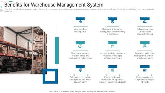 Inventory Stock Control Benefits For Warehouse Management System Ppt Slide PDF